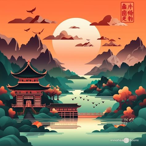 Japanese Landscape Illustration, Japanese Landscape Drawing, Mountains Japan, Vector Landscape, Japanese Mountains, Japan Landscape, Mountain Illustration, Illustrations Art, Japanese Landscape