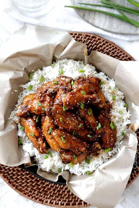 Wings And Rice, Sticky Wings, Chicken Thights Recipes, Crispy Wings, General Tso Chicken, Carlsbad Cravings, Sticky Chicken, General Tso, Asian Inspired Recipes