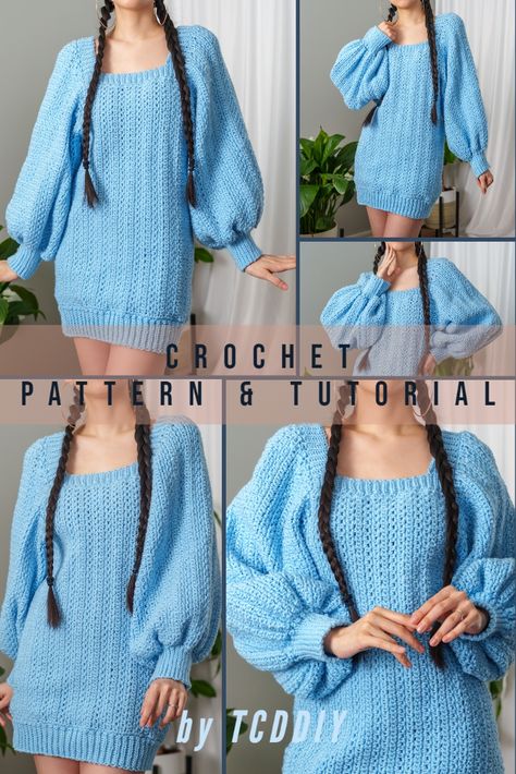 Sweater Dress Pattern, Modern Haken, Crochet Autumn, Prom Dress Pattern, Crochet Sweater Dress, Pattern Outfits, Autumn Ideas, Balloon Sleeve Dress, Crochet Fashion Patterns