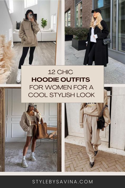 12 Chic Hoodie Outfits For Women For A Cool Stylish Look | Style by Savina Hoodie Outfit For Work, Hoodie Work Outfit Women, Styling A Hoodie Women, Hoodie Business Casual Outfit, Hoodie Work Outfit, Cute Hoodie Outfit Winter, Styling Hoodies Women, Womens Hoodie Outfit, Winter Hoodie Outfit