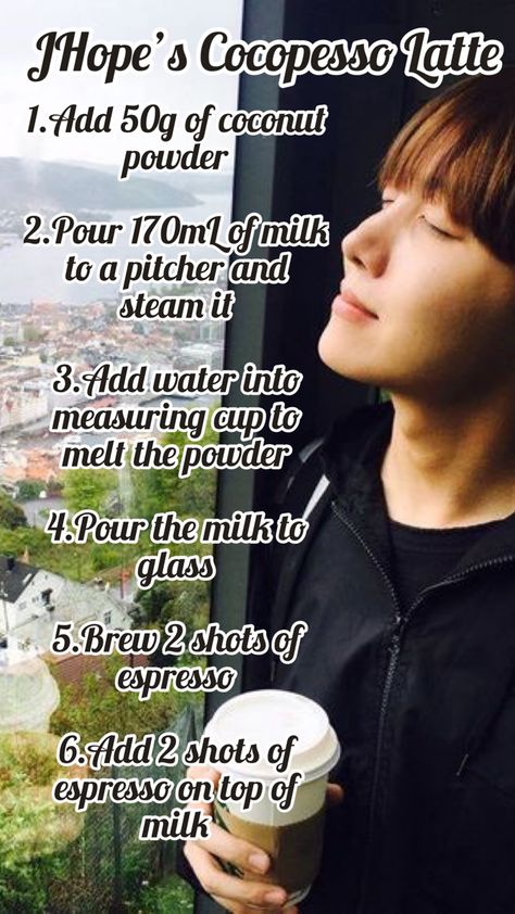 Coffee Recip BTS #jhope Best Korean Food, Easy Korean Recipes, Starbucks Secret Menu Drinks, Survival Skills Life Hacks, Korean Phrases, Daily Workout Plan, Starbucks Secret Menu, Birthday Wishes For Myself, Bts Jhope