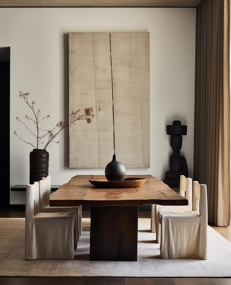 Transform your home into a serene sanctuary with my latest design inspiration🌿🤍 I’ve created these stunning images using artificial intelligence, showcasing how earthy colors and natural materials can bring timeless elegance to your space. Picture a light grey-beige textured sofa, a raw-edge wooden dining table, and large abstract canvases adding sophistication to your rooms. In the bedroom, a natural wood bed frame paired with light linen curtains creates a cozy retreat. Vintage ceramics a... Natural Wood Bed Frame, Wabi Sabi Dining Table, Modern Rustic Dining Room, Modern Wabi Sabi Interiors, Wabi Sabi Wood, Textured Sofa, Wabi Sabi Dining, Natural Wood Bed, Textured Carpet