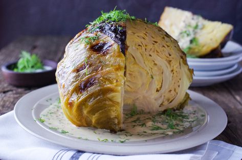 Roasted whole cabbage with mustard-dill sauce Baked Cabbage, Cabbage Head, Keto Side, Roasted Cabbage, Keto Side Dishes, Pork Dishes, Vegetarian Dinner, Basic Recipes, Holiday Cooking