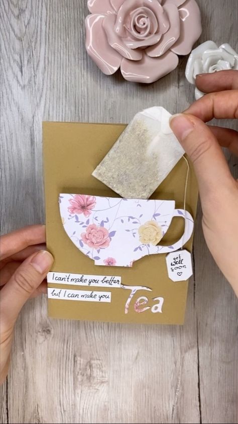 Katharina Tarta Crafts | Just a little trick to make anything on your card ‚pop out‘ a little 😉 Plus it was super convenient for this get well card because with the... | Instagram Tea Bag Cards Ideas, How To Make A Tea Bag, Tea Cards Handmade, Tea Cup Cards Ideas, Tea Gifts Diy, Get Well Cards Handmade, Wellness Party, Tea Party Gifts, Teacup Cards