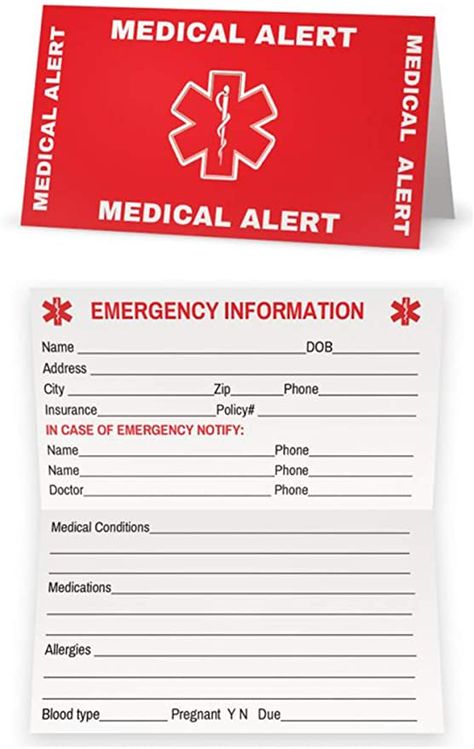 Amazon.com: Medical Condition and Emergency Contact ID Wallet Card Folding, Medical Alert Card (5 Pack): Office Products Medical Printables, Medical Alert Symbol, Medical Binder, Emergency Binder, Emergency Prepardness, Emergency Preparedness Kit, Contact Card, Medical Symbols, Emergency Contact