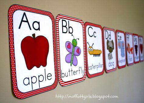 ABC Alphabet Cards! Alphabet Wall Decor Classroom, Abc Wall Decor Classroom, Alphabet Word Wall Cards, Phonics Wall, Red Classroom, Alphabet Word Wall, Alphabet Wall Cards, Learn Abc, Emergent Literacy