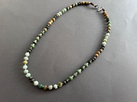 Necklace for Men, Natural Green Gemstones Necklace for Men, Beaded Surfer Necklace, Unique Gift, Gift for Boyfriend, Father's Day Gift Waterproof Necklace, Green Gemstone Necklace, Interesting Textures, Burmese Jade, Green Beaded Necklace, Surfer Necklace, Artisan Necklace, Mens Necklace, Necklace Green