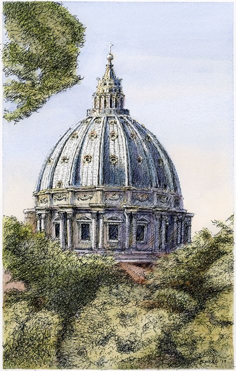 ST PETERS DOME, ROME by Brad Neal Ink and watercolor on paper ~ 10" x 6.25" Dome Sketch, Rome Watercolor, St Peters Cathedral, St Peters Basilica, St Peters, Ink And Watercolor, San Clemente, Watercolor On Paper, Taj Mahal