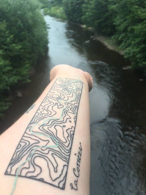 Large Tattoo Placement Ideas, White Tail Antler Tattoo, Earth Science Tattoo, Topographic Tattoo, Topographic Map Tattoo, River Tattoo Ideas, Complex Tattoos, River Tattoo, Dainty Tattoo