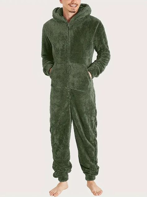 Onesie Pajamas For Men Fuzzy Fleece Hooded Zipper Jumpsuits - Temu Mens Dress Jackets, Jumpsuit Winter, Loose Romper, Thermal Pajamas, Lingerie Plus Size, Overall Jumpsuit, Fleece Leggings, Jackets Men Fashion, Top Plus Size