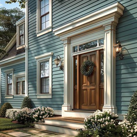 Best Exterior Paint Colors for Home with Shades of Green and Blue • 333+ Art Images Best Exterior Paint Colors, Green Home Exterior, Columns Decor, Colors For Home, Best Exterior Paint, Brown Roof, Classic House Exterior, Exterior Paint Colors For House, Front Door Colors