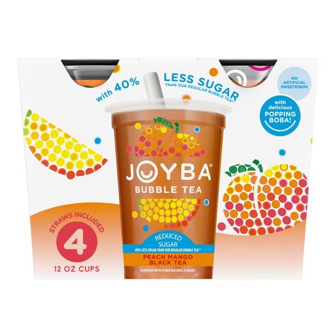 Joyba Reduced Sugar Peach Mango Black Tea Bubble Tea is an exciting Boba Tea shop experience for you to enjoy anytime, anywhere! Four conveniently packed cups include individually wrapped straws making it easy to enjoy Joyba on the go. Made with real brewed tea infused with vibrant fruit flavor, each refreshing Joyba Bubble Tea offers the perfect amount of popping boba for a burst of joy in every sip. Joyba Reduced Sugar Peach Mango Black Tea Bubble Tea is a green tea with lightly flavored bubbl Boba Tea Shop, Boba Cups, Harney And Sons Tea, Popping Boba, Bubble Tea Straws, Tiny Room, Yogi Tea, Art And Craft Materials, Peach Mango