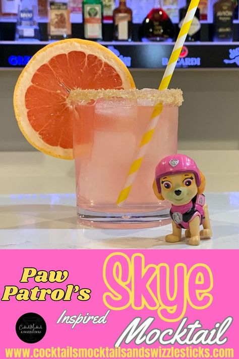 This image shows a pink drink with a brown sugar rim, pink grapefruit wheel garnish and a yellow striped straw. With a paw patrol skye figure next to it. Paw Patrol Themed Birthday Party, Movie Night Dinner, Movie Night For Kids, Paw Patrol Movie, Movie Night Food, Night Food, Family Movie Night, Watch Party, Tiny Humans