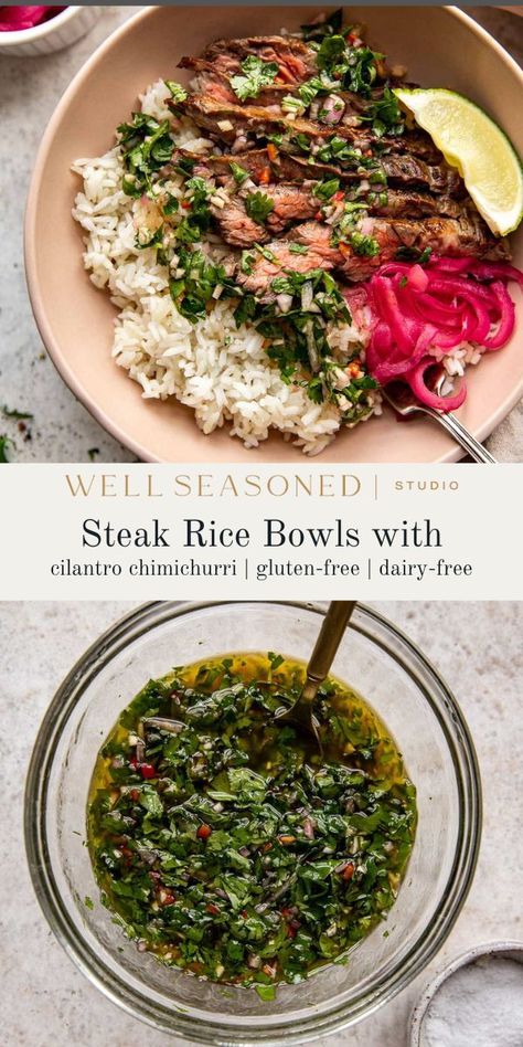 Steak Chimichurri Bowl, Meals With Chimichurri Sauce, Chimichurri Skirt Steak, Skirt Steak And Chimichurri, Steak Chimichurri Dinner, Chimichurri Steak Salad, Greek Steak Bowl, Skirt Steak Chimichurri Recipe, Recipes With Pickled Red Onions