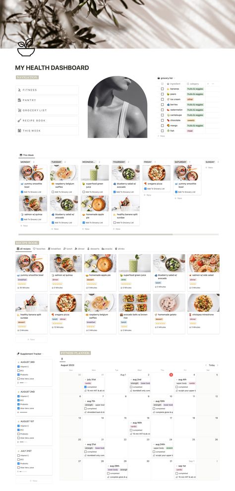 aesthetic notion template Workout Plan Notion, Meal Plan Notion Template, Notion Health Template, Notion Workout Template, Notion Meal Planner, Notion Inspiration, Nutrition Planner, Notion Inspo, Notion Ideas