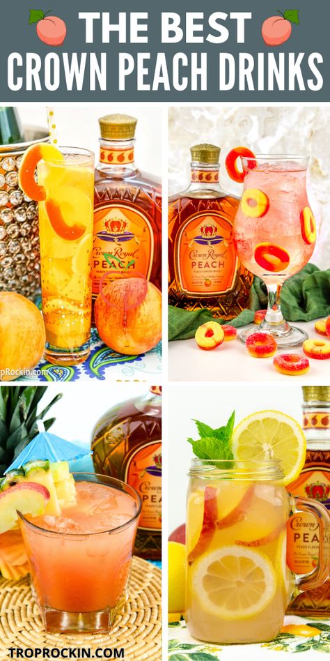 Peach Crown Royal Driks Peach Crown Royal Cocktail Recipes, Mixed Drinks With Crown Peach, Crown Royal Peach Tea, Drinks Made With Peach Crown Royal, Crown Royal Punch Drink Recipes, Crown Peach Mixed Drinks, Peach Drink Recipes Alcoholic, Princess Peach Drink, Crown Royal Peach Old Fashion