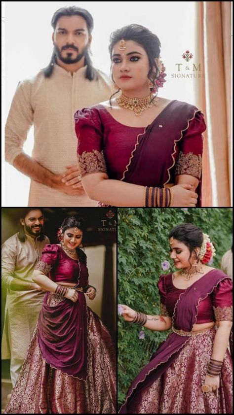 Kerala Engagement Lehenga Hindu, Hindu Engagement Dress Kerala, Lehanga Idea, Deepavali 2024, Traditional Skirt And Top, Anna Wedding Dress, Kerala Engagement Dress, Lehanga Saree, Long Skirt Top Designs