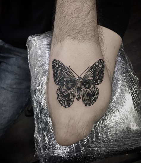 Butterfly Tattoo On Shin, Butterfly With Skull Tattoo, Creepy Butterfly Tattoo, Masculine Butterfly Tattoo, Men Butterfly Tattoo, Skull Butterfly Tattoo Design, Skeleton Butterfly Tattoo, Shin Tattoo Men, Butterfly Skull Tattoo