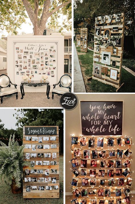 wedding photo display ideas for pallet collages Picture Displays Wedding, Pallet Collage Photo Displays, Ways To Display Pictures At A Party, Picture Display For Wedding, Diy Photo Display Wedding, Pallet Photo Display, Acrylic Photo Display, Senior Tables, Wedding Photos Display