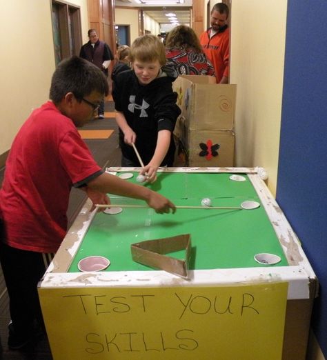 Cardboard pool game Cardboard Arcade, Prom Games, Arcade Ideas, Elementary Stem Activities, Game Arcade, School Carnival, Cardboard Box Crafts, Game Based Learning, Game Google