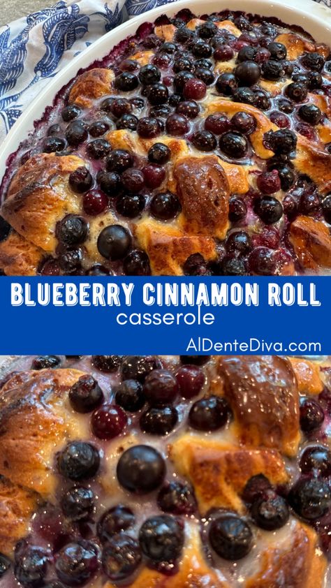 Blueberry cinnamon roll casserole is made using canned cinnamon rolls, blueberries, icing and just a few other simple ingredients for the perfect Blueberry Cinnamon Roll Casserole, Canned Cinnamon Rolls, Blueberry Cinnamon Rolls, Breakfast Dessert Recipes, Easy To Make Recipes, Oven Baked Bacon, Cinnamon Roll Casserole, Recipes For The Whole Family, Breakfast Crescent Rolls