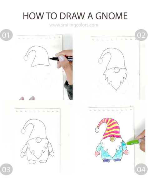 Gnome Drawing, Christmas Knomes, Easy Drawing Step By Step, Easy Drawing Steps, Mushroom Drawing, Drawing Step By Step, Directed Drawing, Diy Gnomes, Gnomes Crafts