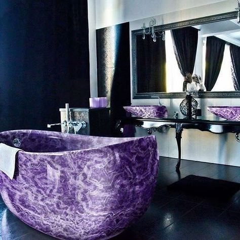 Amethyst bath tub anyone? . Imagine waking up to this purple beauty ✨ . By arcamosaico.com #amethyst #crystals #stone #dreaminterior #interiorinspo Purple Bath, Purple Bathrooms, Purple Home, Dream Bathrooms, Boho Interior, Style At Home, House Goals, Bath Tub, Beautiful Bathrooms