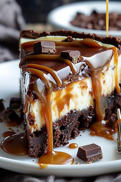 Caramel drizzled over a creamy brownie cheesecake Chesse Cake, Brownie Cheesecake, Caramel Brownies, Cheesecake Brownies, Cheesecake Desserts, Caramel Recipes, Cheesecake Factory, Indulgent Desserts, Recipes Dessert