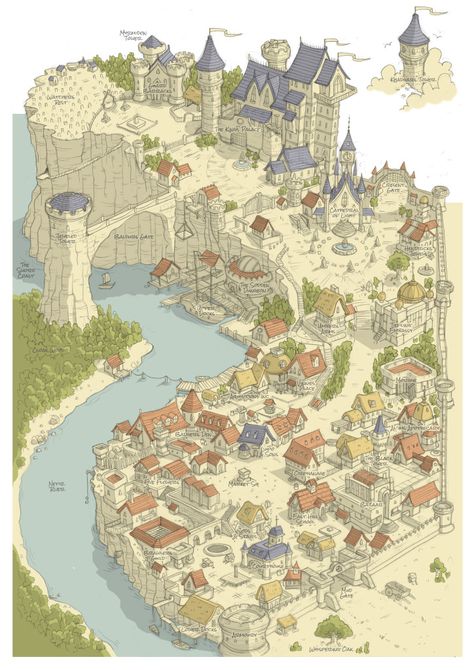 Baldur's Gate isometric perspective Cliffside Town Fantasy Art, Fantasy Town Layout, Fantasy City Layout, Lake Village Fantasy Art, Fantasy Maps Castle, River Town Fantasy Art, Map References Design, Medieval Town Map, Medieval Village Illustration