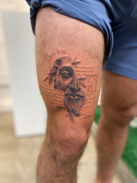 Male Greek Tattoos, Tattoo Ideas For Men Greek Mythology, Biblical Imagery Tattoos, Quad Men’s Tattoos, Greek Style Tattoos Men, Greek And Roman Tattoos, 7 Days Of Creation Tattoo, Roman Greek Tattoos, Marcus Aurelius Tattoo Sleeve