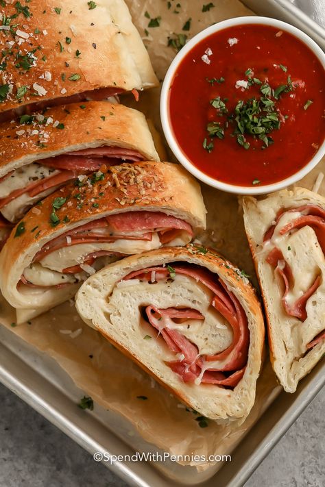 Easy Pepperoni Roll - Spend With Pennies Easy Pepperoni Rolls, Pillsbury Pizza Dough, Pepperoni Rolls Recipe, Cheese Calzone, Pepperoni Roll, Pillsbury Pizza, Cornmeal Waffles, Pepperoni Bread, Pepperoni Recipes