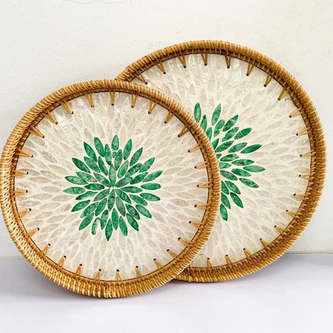 Mother of Pearl and Mosaic Tray Round Rattan Serving Tray - Etsy Vietnam Mosaic Trays Ideas, Rattan Serving Tray, Mosaic Tray, Rattan Baskets, Pattern Wall Art, Serving Tray Set, Display Tray, Rattan Basket, Tea Tray