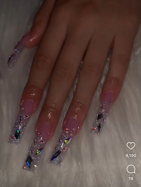 Clear Nails With Stones, Birthday Nails Aquarius Long, January Birthday Nail Designs, Dramatic Birthday Nails, Dramatic Nails Acrylic, Birthday Nail Designs Bling, Black Acrylic Nail Designs, Black Acrylic Nails, Colored Acrylic Nails