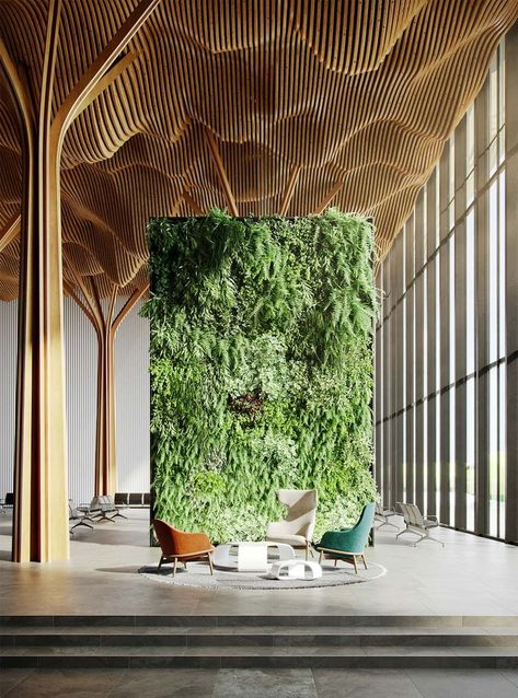 Live Green Wall, Green Wall Office, Green Wall Interior Design, Green Wall Interior, Interior Green Wall, Green Lobby, Green Hotel, Living Green Wall, Green Wall Design