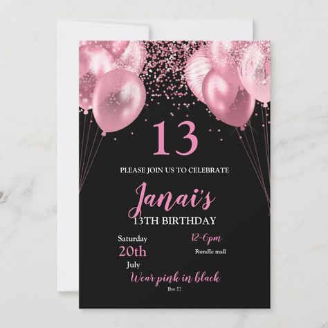 Create your own Invitation | Zazzle Pink Balloon Invitation, 13 Birthday Invitation Ideas, 13th Birthday Invitations Girl, 13 Bday Ideas, Pink Birthday Invite, Party Invitations Pink, Sweet 13, 13th Birthday Ideas, 13th Birthday Invitations