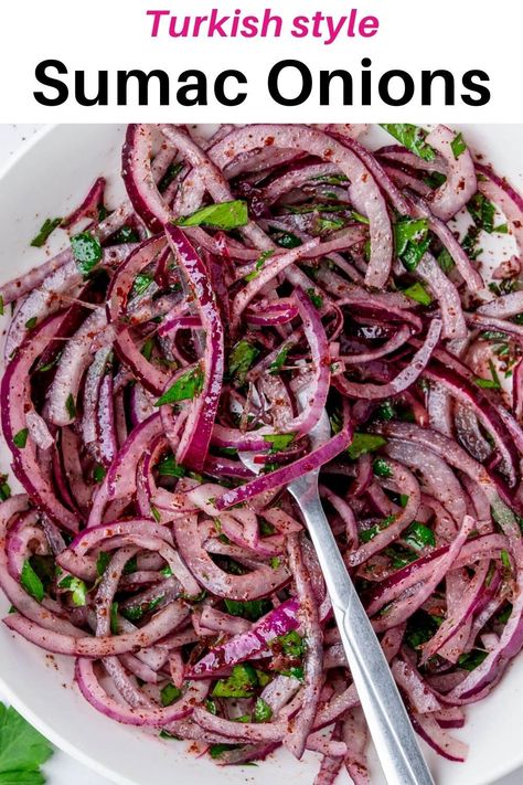 These sumac onions are Turkish style marinated onions that are crisp and tangy and the perfect condiment to any dish. They take 10 minutes to make and taste amazing in sandwiches and wraps Sumac Onions, Vegan Fried Chicken, Closet Cooking, Quick Pickled Onions, Red Onion Salad, Onion Salad, Cauliflower Steaks, Eastern Cuisine, Pickled Onions