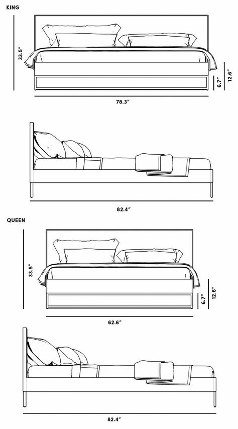 Dimensions for Soren Bed Sections Interior Design, Bed Elevation Design, Bed Dimensions Size, Bed Detail Design, Bedroom Section, Bed Drawing Side View, Section Interior Design, Drawing Bed, Bed Sketch