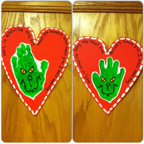 Grinch Art. Green Handprints, then draw his face on them. I also wrote the quote "Well, in Whoville they say that the Grinch's small heart grew THREE sizes that day". Grinches Heart Grew 3 Sizes, Grinch Projects For Kids, The Grinch Preschool Activities, Grinch Heart Craft, Grinch Day Preschool Activities, Grinch Day Preschool, Grinch Heart Grew Three Sizes, Grinch Day Kindergarten, Grinch Day At School Activities