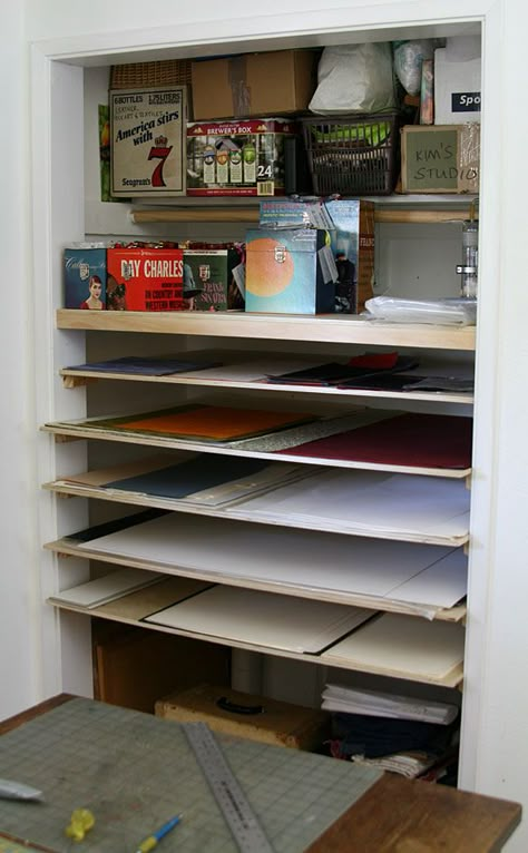 clever art studio space ~ such a great idea, turning a closet into flat storage!---this would be very useful in our house. hmmm i wonder if the entryway closet would work?! Home Art Studios, Art Studio Storage, Flat Storage, Studio Storage, Entryway Closet, Art Studio Space, Art Studio Organization, Art Studio Design, Art Studio Ideas