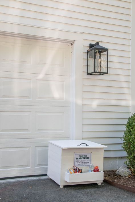 delivery box for packages Porch Box For Deliveries, Package Drop Box Ideas Porch, Mail Package Boxes, Porch Delivery Box Ideas, Porch Package Drop Off Diy, Front Porch Package Drop Off, Amazon Package Box For Porch, Front Porch Package Hiding, Porch Pickup Box Ideas Small Business