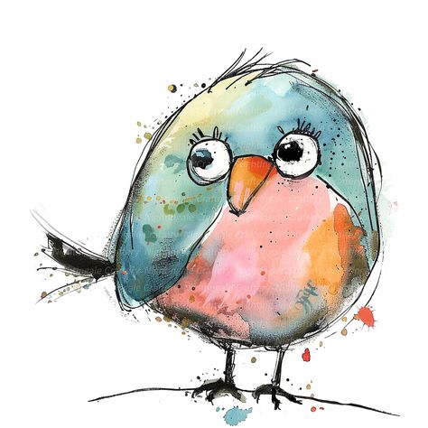 Whimsical Birds Watercolor, Watercolour Characters, Bird Cartoon Illustration, Birds Clipart, Whimsical Birds, Whimsy Art, Textile Art Embroidery, Bird Clipart, Diy Watercolor Painting