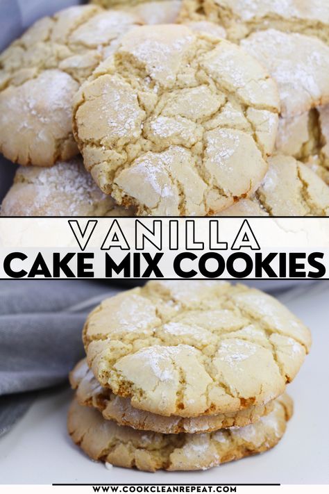 Have you ever enjoyed vanilla cake mix cookies before? If not, you definitely should! They are soft, chewy and so easy to make, it is a crime not to make and share a batch or two. Cookies With Vanilla Cake Mix Boxes, Cookie Bars With White Cake Mix Easy Recipes, Desserts With Vanilla Cake Mix Boxes, White Cake Mix Cookies Recipes, Vanilla Cake Mix Cookies, Pumpkin Cake Mix Cookies, Cake Mix Cookie, Southern Recipes Desserts, Cake Batter Cookies