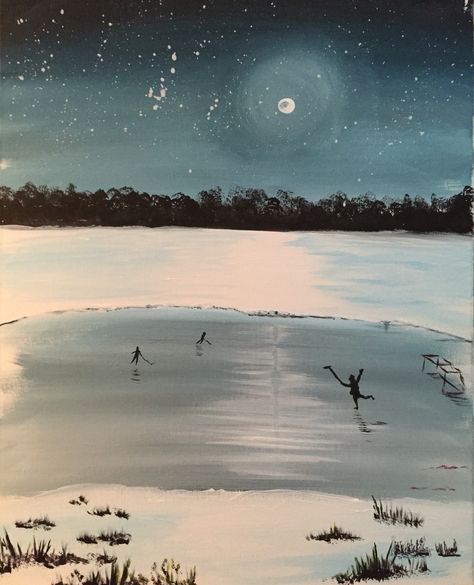 Pond Hockey Painting, Winter Lake Painting, Hockey Painting Ideas On Canvas, Hockey Painting Ideas, Ice Skating Painting, Hockey Watercolor, Hockey Painting, Hockey Tattoos, Watercolor Scenery Painting