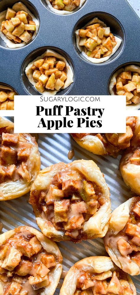 Discover the secret to making apple pies in a muffin tin! These mini apple pies are made from store-bought puff pastry and a fresh apple filling. They are quick to assemble in a cupcake pan and bake even faster. The flaky crust is buttery, while the apple filling is tart and sweet. Enjoy one fresh out of the oven! Mini Pies Easy, Easy Mini Apple Pies, Apple Recipes With Puff Pastry, Puff Pastry Apple Pie, Apple Pie Tarts, Individual Apple Pies, Mini Apple Pie Recipe, Apple Dessert Recipes Easy, Puff Pastry Recipes Dessert