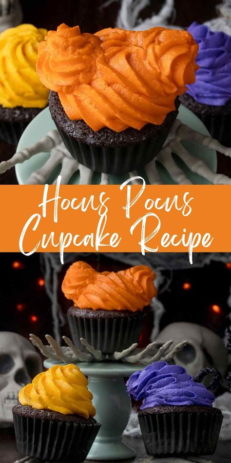 Hocus Pocus Cupcakes are chocolate cupcakes topped with frosting that looks the Sanderson sisters. These fun Disney copycat Halloween cupcakes are sure to become a Halloween tradition! Hocus Pocus Cupcakes, Halloween Cupcake Recipe, Cupcake Ideas For Kids, Easy Halloween Cupcake Ideas, Halloween Cupcake Ideas, Cupcakes For Halloween, Homemade Chocolate Cupcakes, Halloween Finger Foods, Halloween Food Cupcakes