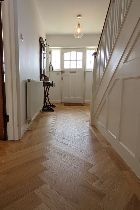 Herringbone With Border Floor, Herringbone Hallway Ideas, Herringbone Wood Hallway, Parquet Flooring Hallway Entrance, Herringbone Flooring Hallway, Herringbone Floor Hallway Entryway, Kitchen Parquet Flooring, Amtico Parquet Flooring, Herringbone Wood Floor Hallway