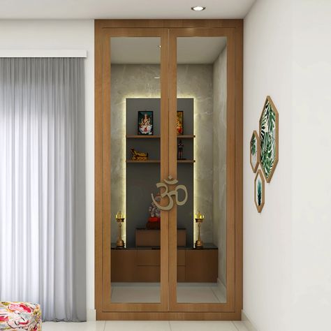 Pooja Room Design With Doors, Compact Mandir Designs, Pooja Room Design Small Spaces, Small Pooja Room Ideas, Pooja Shelf, Navkar Mantra, Mandir Door, Indian Living Room Design, Stove Design