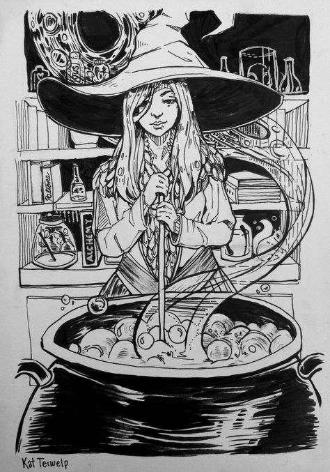 Witch's Brew by CooCooKat21.deviantart.com on @DeviantArt Witch Poses Reference, Witch Poses Reference Drawings, Drawing With Brush Pens, Witch Poses, Male Witch, Witch Drawing, Hardbound Book, Witch Rituals, Anime Witch