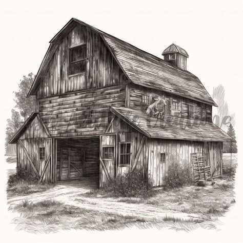 Farmhouse Sketch, Barn Drawing, Landscape Pencil Drawings, Farmhouse Pictures, Wall Art Paper, Black Canvas Art, Farm Scenes, Old Abandoned Buildings, Farmhouse Paintings