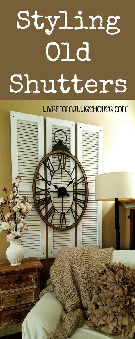 I picked up 3 matching shutters at my local ReStore for just $2 each and layered a large clock on top to make a big, budget friendly focal point for my living room. Shutter Projects, Shutter Decor, Diy Shutters, Living Room Clocks, Old Shutters, Interior Shutters, Beautiful Houses Interior, Shutter Doors, Window Shutters